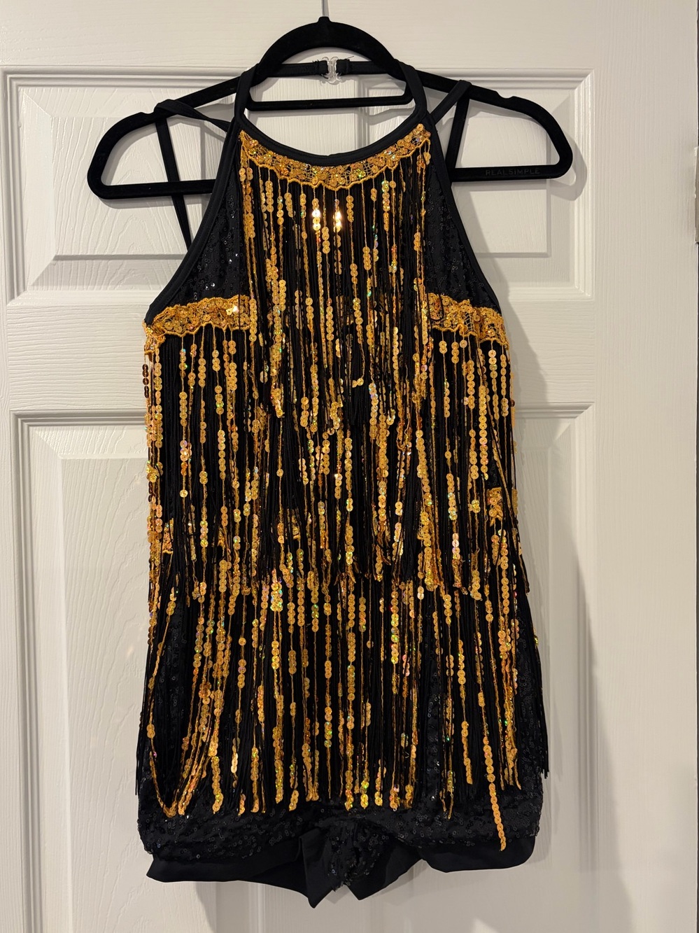Weissman “Boom Boom” Black Halter Sequin Fringe Biketard with Gold Accents